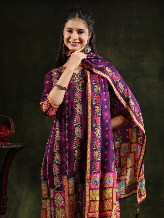 Hand Embroidered & Printed Pure Silk Kurta With Pant & Printed Dupatta, Purple - Hiral Fashion