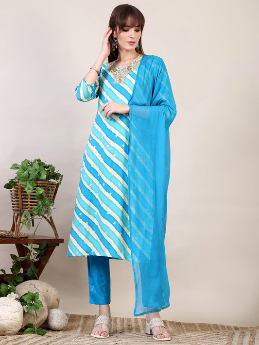 Leheriya Printed & Applique Embroidered Kurta With Pant & Dupatta, Blue - Hiral Fashion