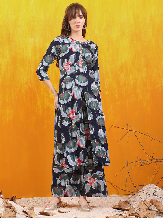 Floral Printed Front Slit Kurta With Palazzo Pant, Navy Blue - Hiral Fashion