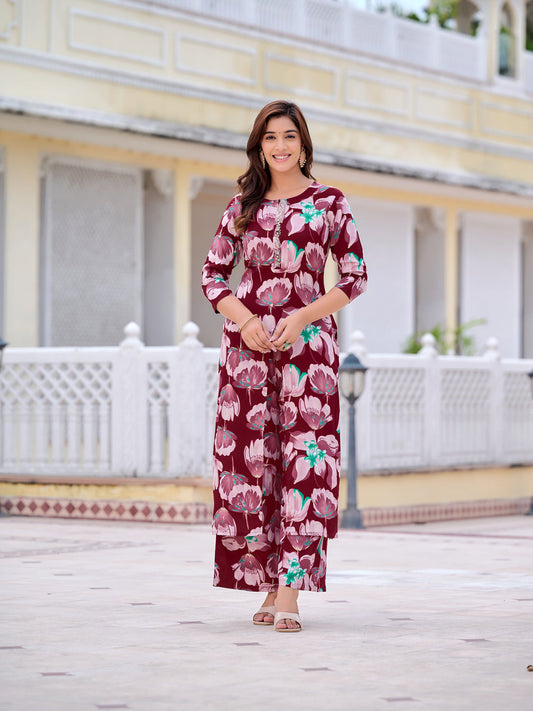 Floral Printed Front Slit Kurta With Palazzo Pant, Purple - Hiral Fashion