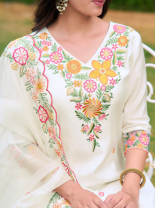 Embroidered Kurta With Pant & Organza Embroidered Dupatta, White - Hiral Fashion