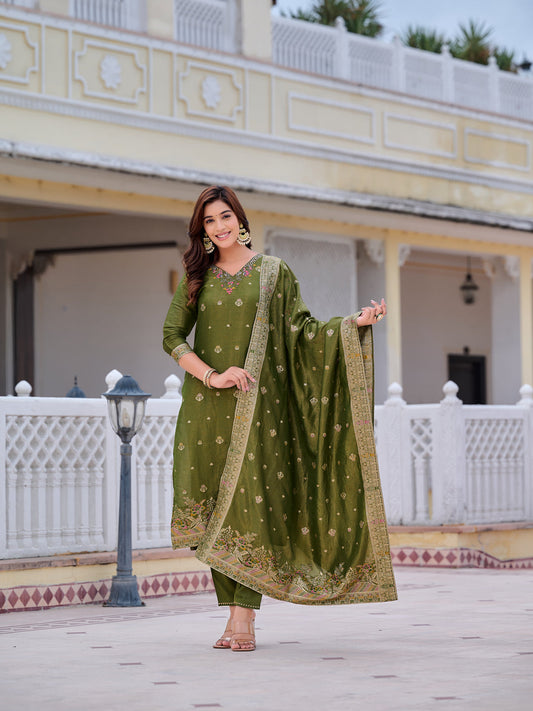 Pure Banarasi Jacquard Hand Embroidered Kurta With Pant & Banarasi Jacquard Dupatta, Green - Hiral Fashion