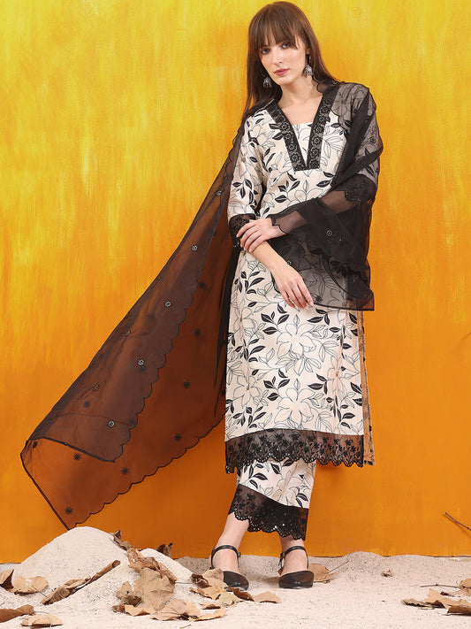 Embroidered And Floral Printed Lace Detailed Kurta With Palazzo Pant & Dupatta, White - Hiral Fashion