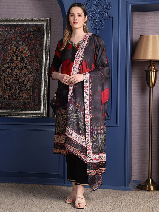 Hand Embroidered & Printed Kurta With Pant & Dupatta, Black - Hiral Fashion