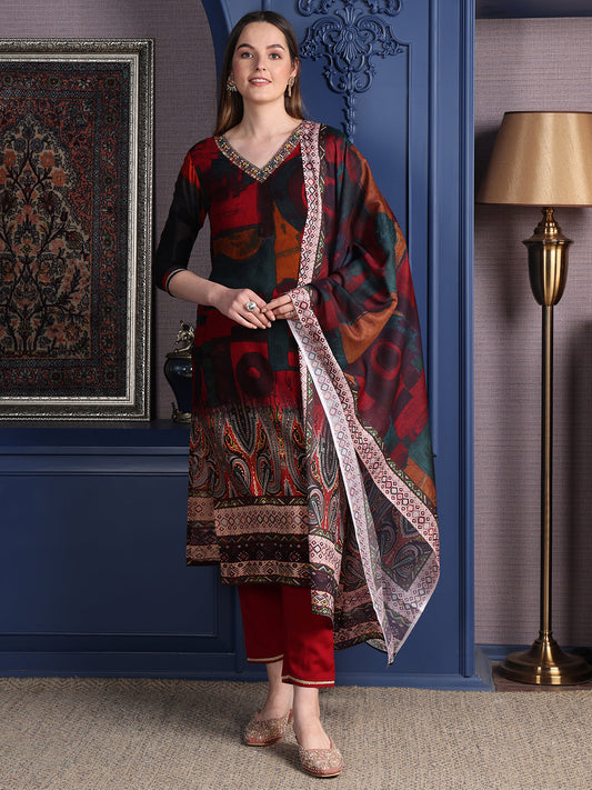 Hand Embroidered & Printed Kurta With Pant & Dupatta, Maroon - Hiral Fashion
