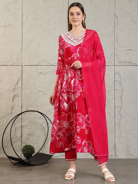Embroidered & Floral Printed Flared A-Line Kurta With Pant & Dupatta, Pink - Hiral Fashion