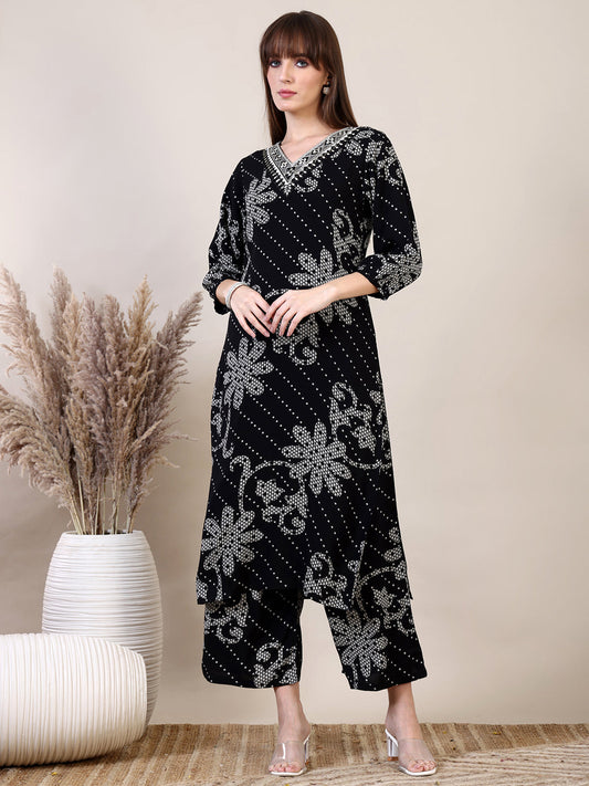 Embroidered & Floral Printed Co-Ords, Black - Hiral Fashion