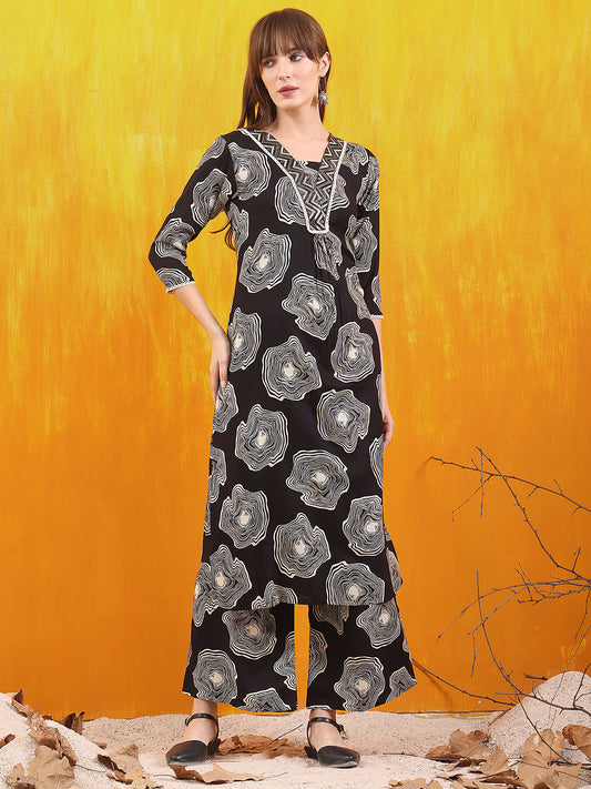 Embroidered & Floral Printed Kurta With Palazzo Co-Ords Set, Black - Hiral Fashion