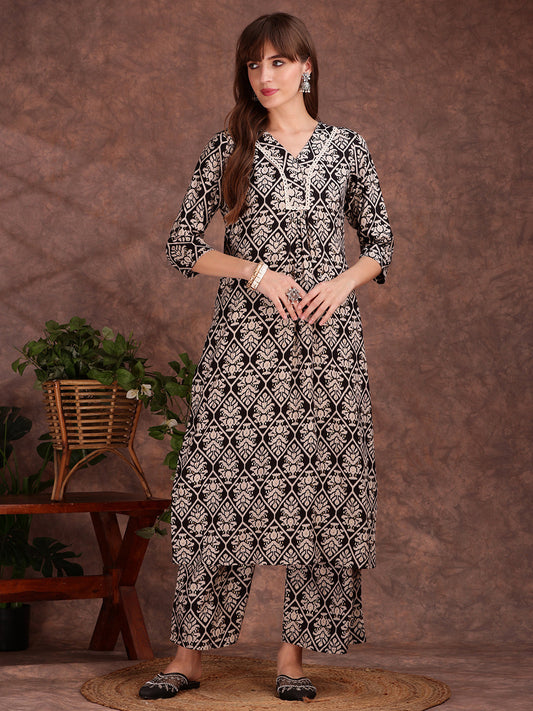 Ethnic Motifs Printed Lace Detailing Kurta And Palazzo, Black - Hiral Fashion