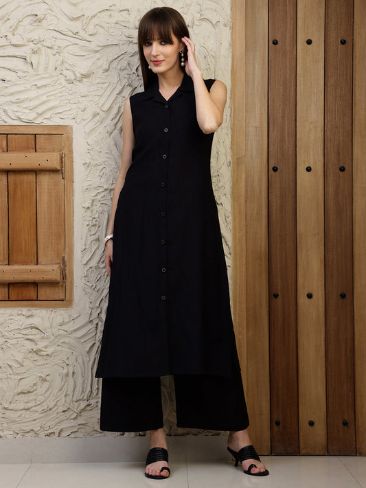 Shirt Style Kurta With Palazzo, Black - Hiral Fashion