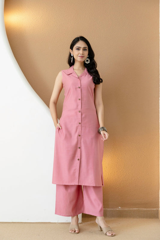 Shirt Style Kurta With Palazzo, Pink - Hiral Fashion
