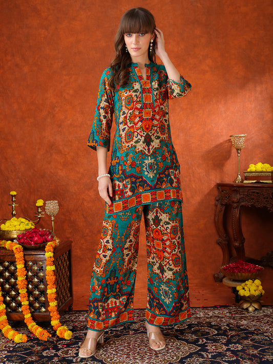 Ethnic Printed Co-Ord Set, Teal - Hiral Fashion