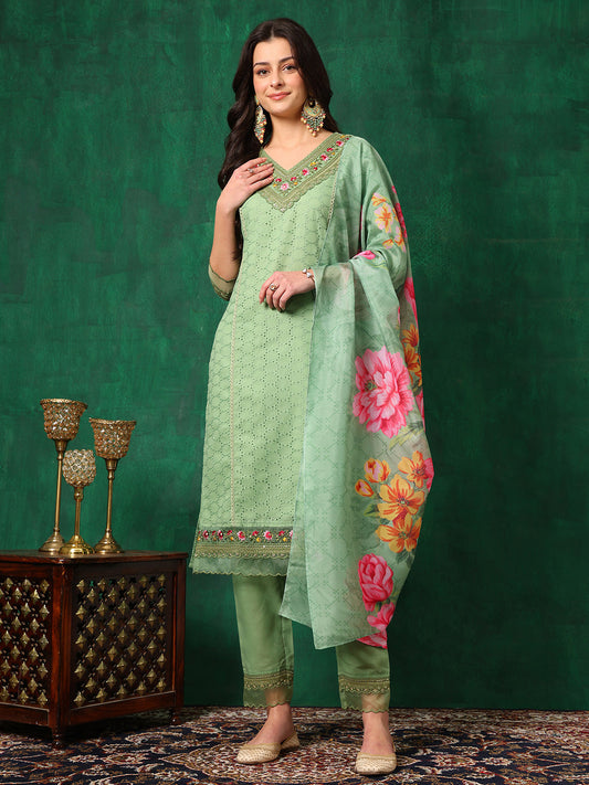 Embroidered Chikankari Kurta With Pant & Printed Dupatta, Green - Hiral Fashion