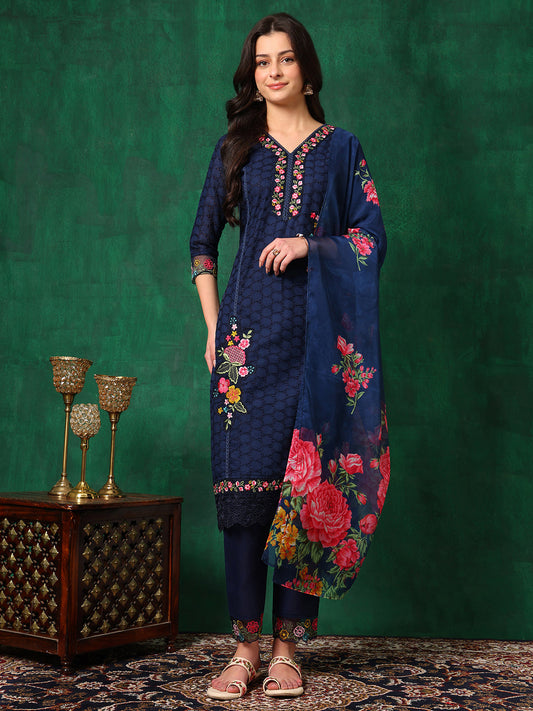 Applique Placement Embroidered Kurta With Pant & Dupatta, Navy Blue - Hiral Fashion