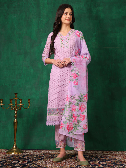 Embroidered Chikankari Kurta With Pant & Dupatta, Lavender - Hiral Fashion