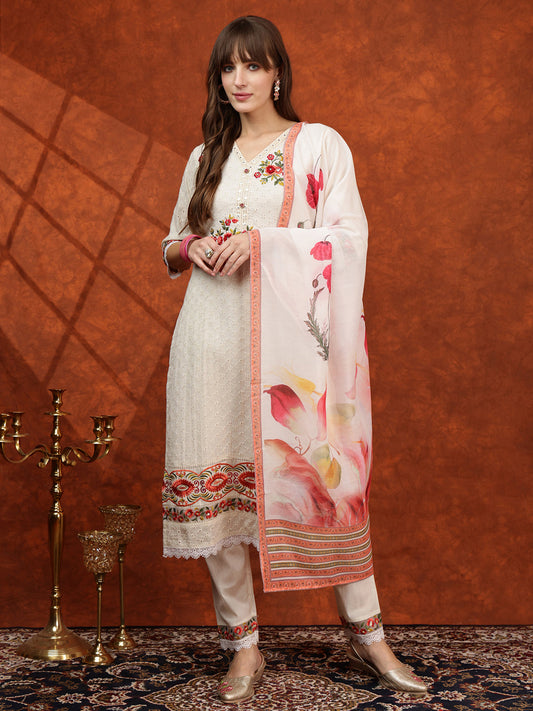 Hand Embroidered & Chikankari Kurta With Pant & Floral Printed Dupatta, Cream - Hiral Fashion