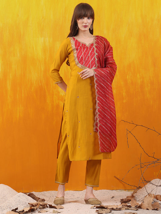 Sequined Embroidered & Applique Patch Kurta With Pant & Printed Dupatta, Mustard - Hiral Fashion