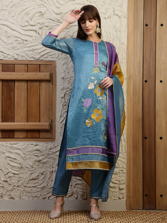 Hand Embroidered Kurta With Pant & Dual Toned Dupatta, Blue - Hiral Fashion