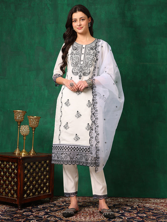 Embroidered Kurta With Pant & Embroidered Dupatta, White - Hiral Fashion