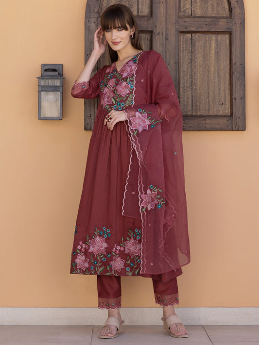 Aline Embroidered Kurta With Pant & Embroidered Dupatta, Rust - Hiral Fashion