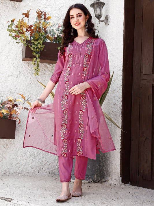 Embroidered Kurta With Pant & Organza Dupatta, Pink - Hiral Fashion