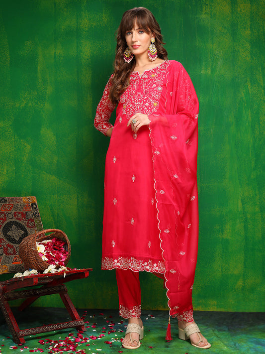 Hand Embroidered Kurta With Pant & Embroidered Dupatta, Pink - Hiral Fashion