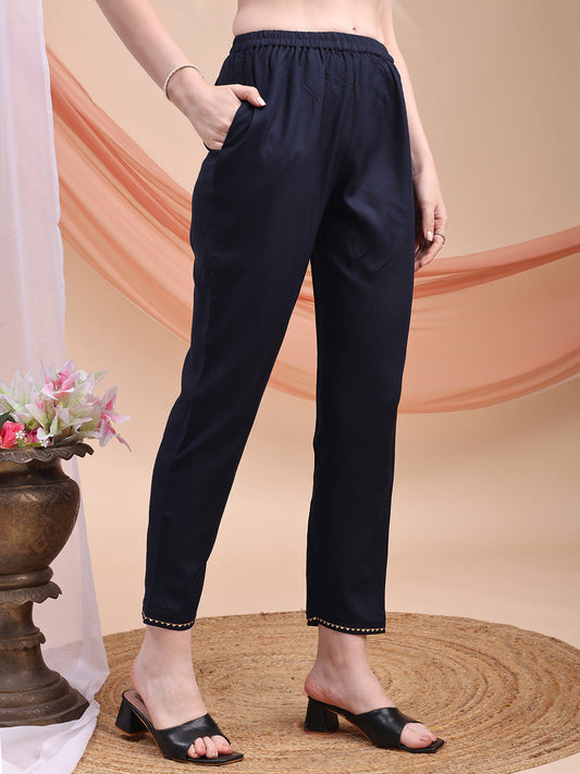 Floral Printed A-Line Kurta With Pant & Dupatta, Navy Blue - Hiral Fashion