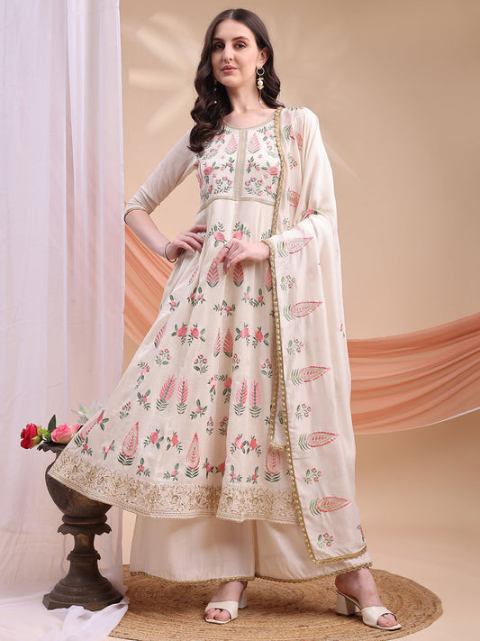 Floral Embroidered Anarkali Kurta With Pant & Embroidered Dupatta, Cream - Hiral Fashion