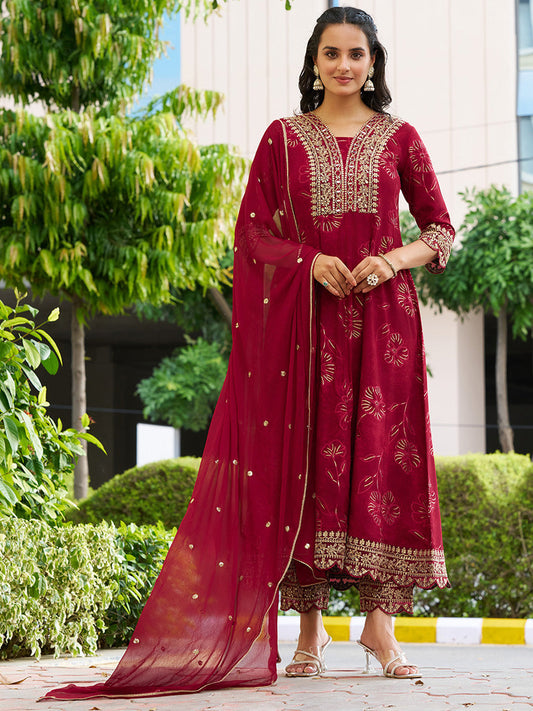 Mirror Embroidered Anarkali Kurta With Matching Pant & Embroidered Chiffon Dupatta, Maroon - Hiral Fashion