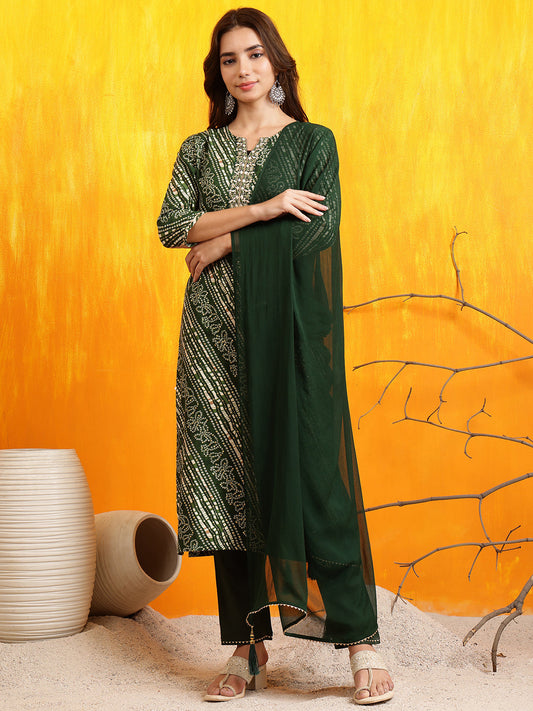 Embroidered Kurta With Pant & Dupatta, Green - Hiral Fashion