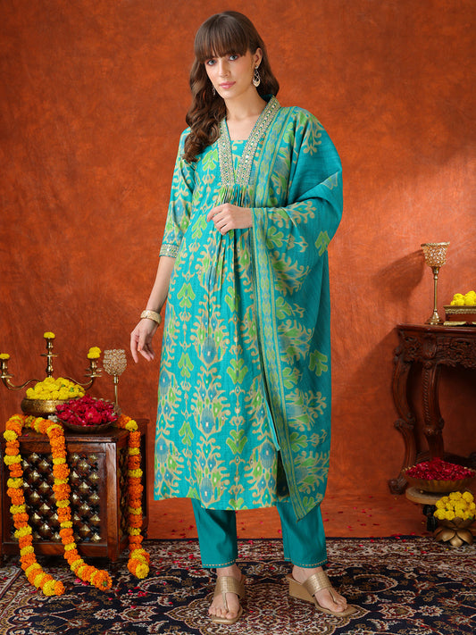 Embroidered & Printed Kurta With Pant & Coordinated Dupatta, Turquoise - Hiral Fashion