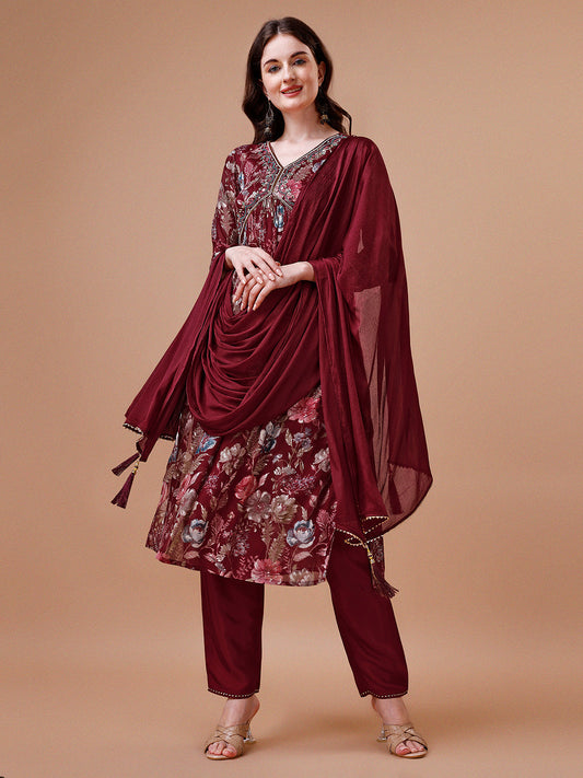 Alia Cut Hand Embroidered Floral Print Kurta With Pant & Dupatta, Multicolor - Hiral Fashion