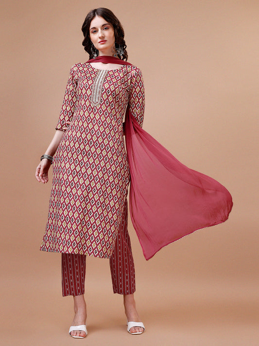 Ethnic Motifs Printed Cotton Kurta With Pant & Dupatta, Multicolor - Hiral Fashion