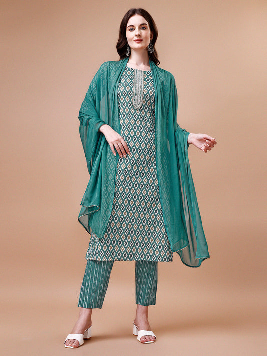 Ethnic Motifs Printed Cotton Kurta With Pant & Dupatta, Multicolor - Hiral Fashion