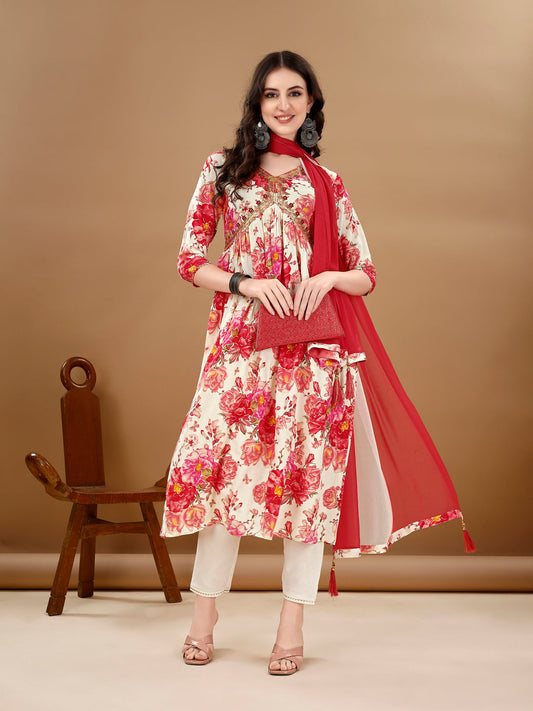 Alia Cut Floral Printed & Embroidered Kurta With Pant & Dupatta Set Premium Luxury, Multicolor - Hiral Fashion