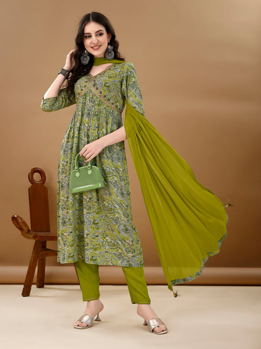 Alia Cut Floral Printed & Embroidered Kurta With Pant & Dupatta Set Luxury Premium, Multicolor - Hiral Fashion