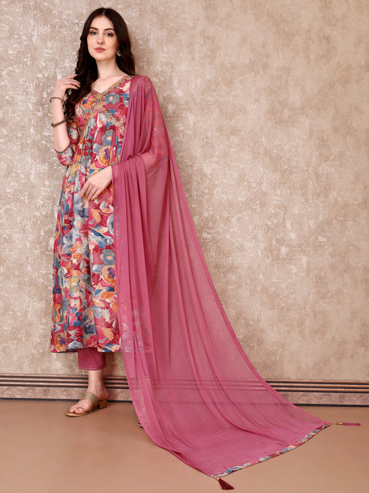 Alia Cut Embroidered & Floral Printed Kurta With Pant & Dupatta Premium Luxury, Multicolor - Hiral Fashion