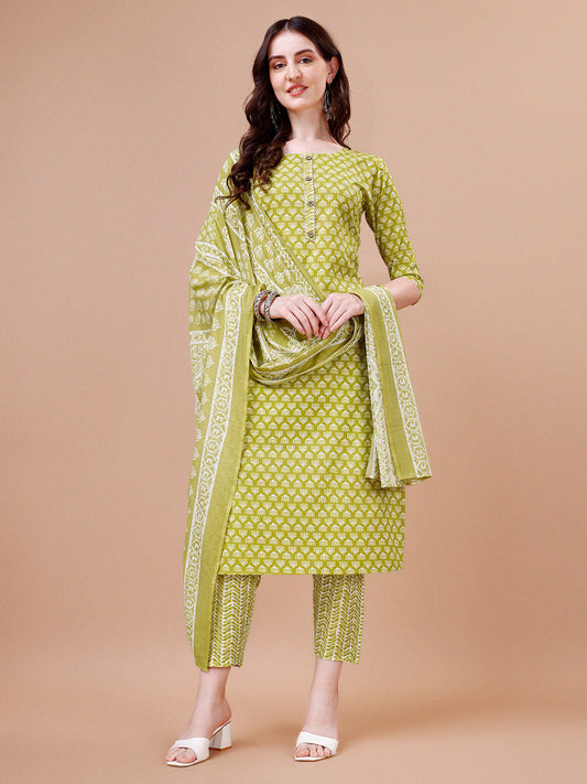 Ethnic Motifs Printed Casual Wear Cotton Kurta With Pant & Dupatta, Multicolor - Hiral Fashion