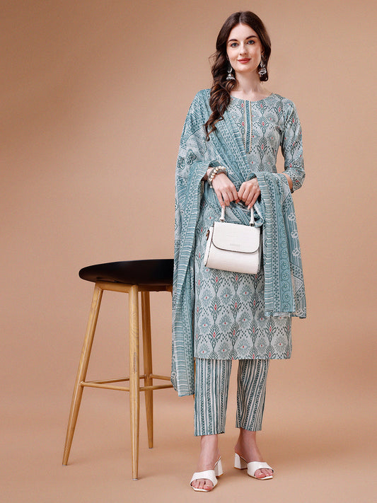 Printed Cotton Kurta With Pant & Dupatta, Multicolor - Hiral Fashion