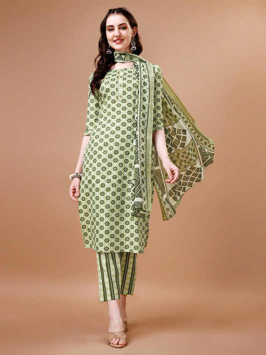Floral Printed Cotton Kurta With Pant & Dupatta, Multicolor - Hiral Fashion