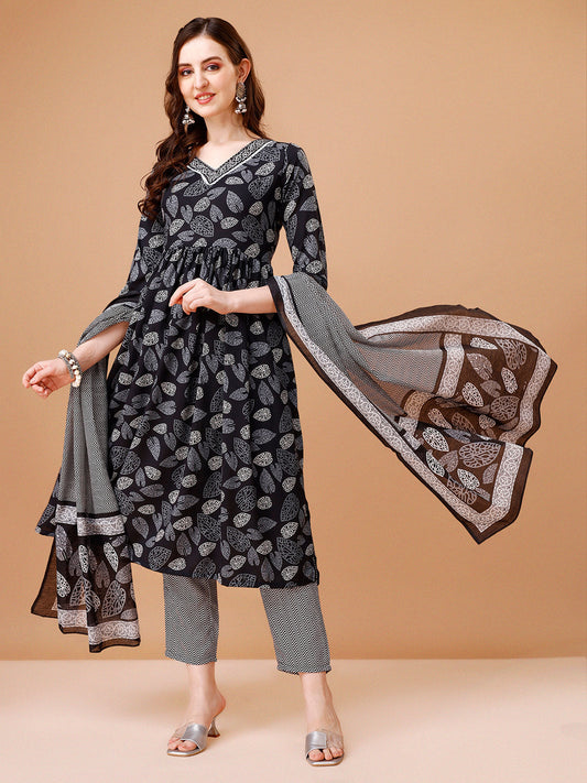 Leaf Printed Flared Kurta With Pant & Dupatta, Multicolor - Hiral Fashion