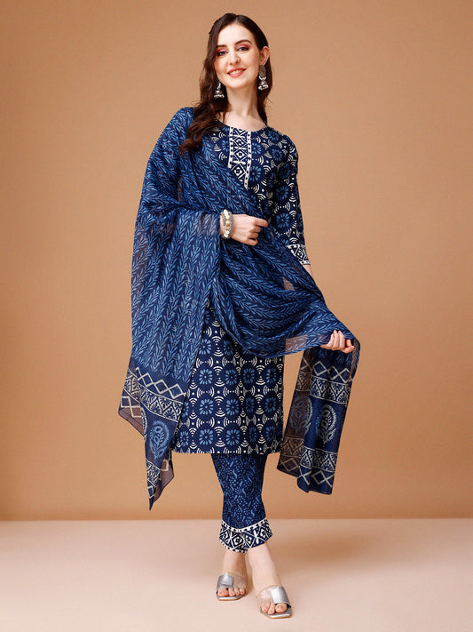Printed Rayon Kurta With Pant & Dupatta, Multicolor - Hiral Fashion
