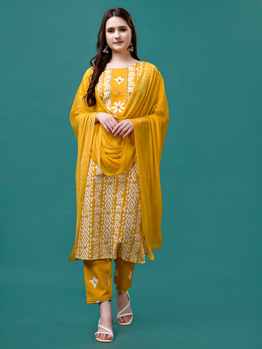 Bandhani Printed Cotton Kurta With Pant & Dupatta, Multicolor - Hiral Fashion