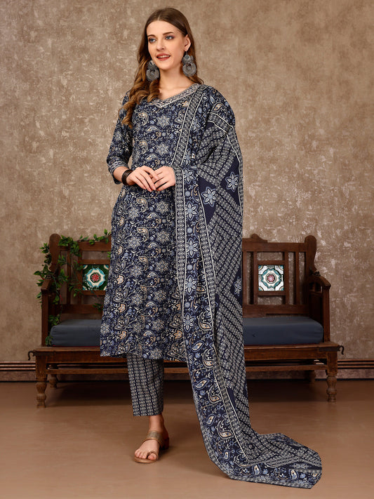 Embroidered & Printed Casual Wear Kurta With Printed Pant & Dupatta, Multicolor - Hiral Fashion