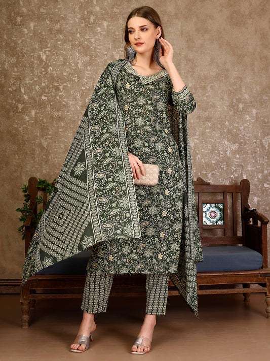 Embroidered & Printed Casual Wear Kurta With Printed Pant & Dupatta, Multicolor - Hiral Fashion