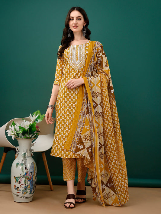 Embroidered & Printed Kurta With Pant & Dupatta, Mustard - Hiral Fashion