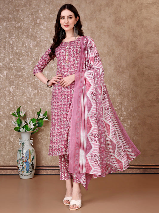 Leaf Printed Kurta With Printed Pant & Dupatta, Multicolor - Hiral Fashion