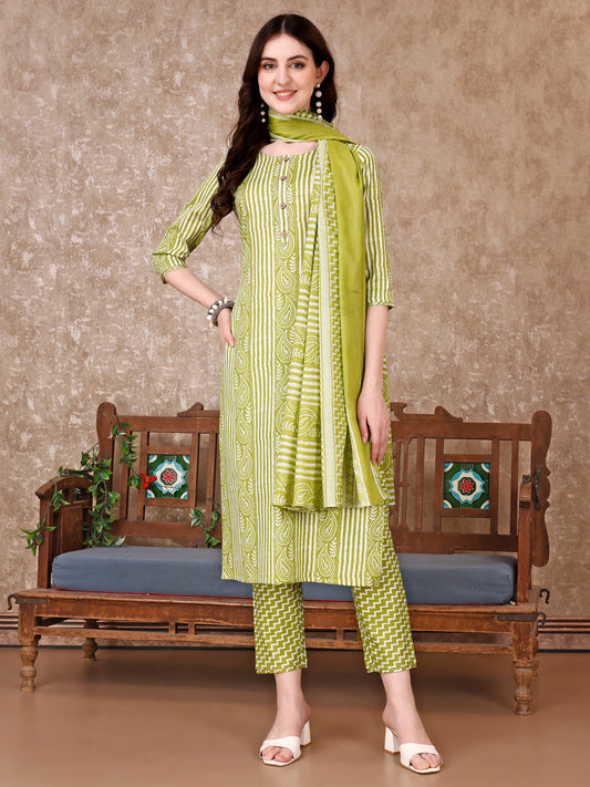 Printed Kurta With Printed Pant & Dupatta, Multicolor - Hiral Fashion