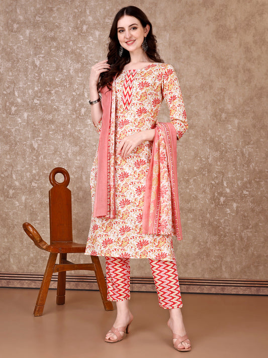 Floral Printed Kurta With Printed Pant & Dupatta, Multicolor - Hiral Fashion