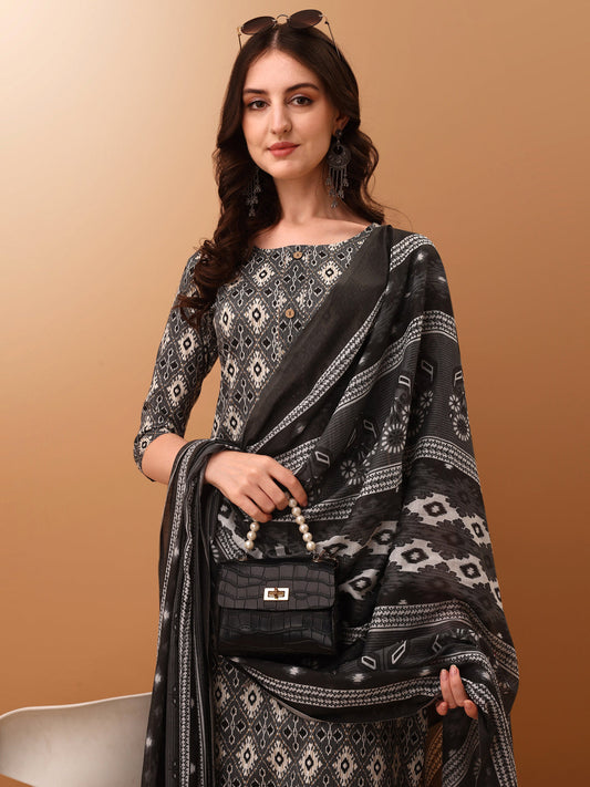 Ethnic Motifs Printed Kurta With Pant & Dupatta, Grey - Hiral Fashion